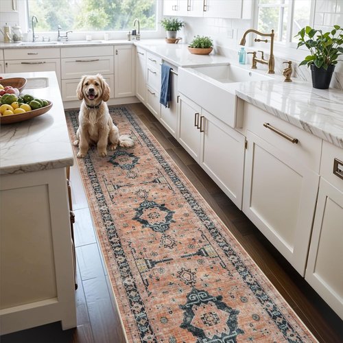 Hallway Washable Runner Rug - Vintage Soft Non-Slip Entryway Floor Mat | 2'6'' x 12', Orange