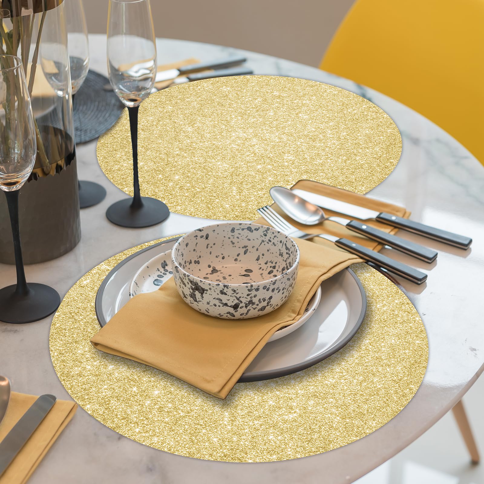 SMUAENSS 100 PCS Rose Gold Paper Placemats Disposable, 13.5" Round Disposable Table Mats, Rose Golden Shiny Table Mats for Birthday Wedding Holiday Party Home Dining Tableware