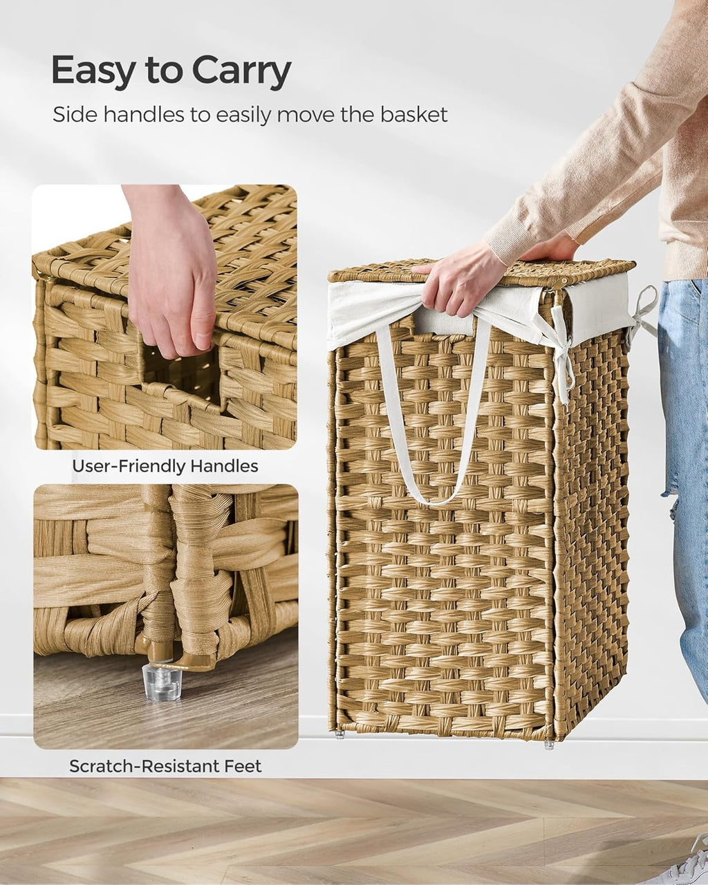 SONGMICS Laundry Hamper - 23.8 Gallon Synthetic Rattan Basket with Lid & Handles | Foldable, Goose Yellow