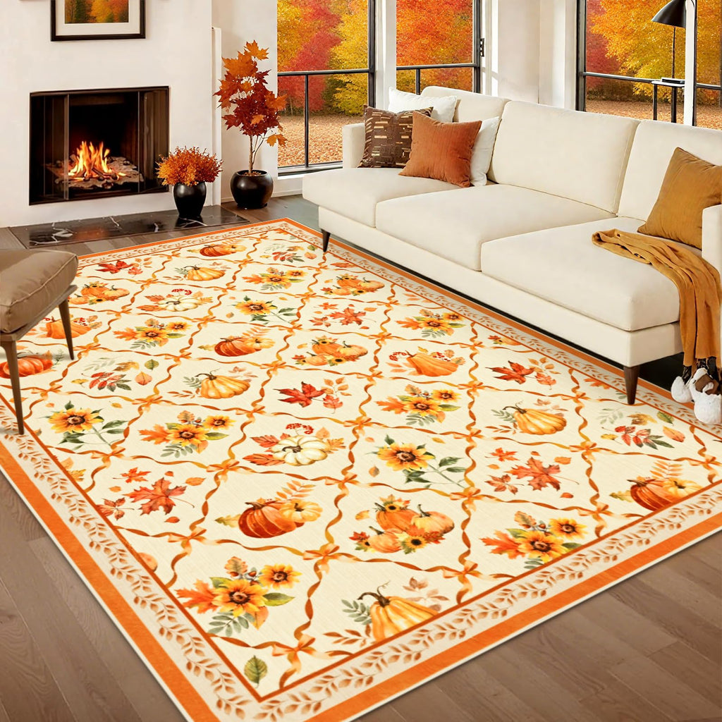 Likiyol Fall Area Rug 3x5 Rugs for Bedroom, Non Slip Washable Rugs for Living Room Soft Faux Cashmere Thanksgiving Pumpkin Bedroom Rug Low Profile Throw Rugs for Dining Room, Kids Room Decor, Beige