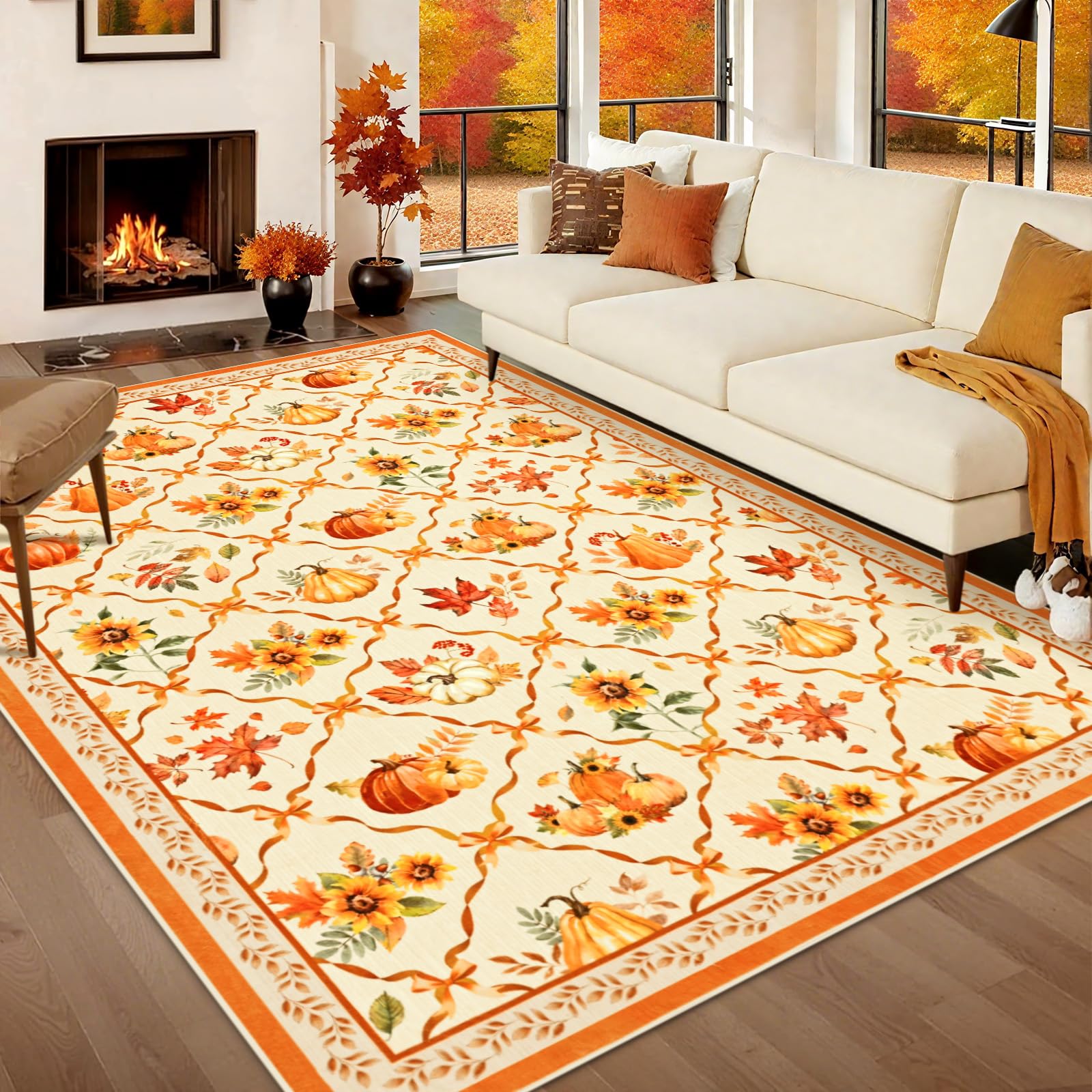 Likiyol Fall Area Rug 3x5 Rugs for Bedroom, Non Slip Washable Rugs for Living Room Soft Faux Cashmere Thanksgiving Pumpkin Bedroom Rug Low Profile Throw Rugs for Dining Room, Kids Room Decor, Beige