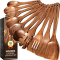 Kikcoin Wood Kitchen Utensils Set, 10 PCS Solid Teak Wooden Spoons for Cooking with Long Handle Heat-Resistant Wooden Cooking Utensils Set for Non-stick Cookware Including Hanging Hole