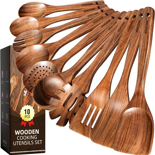 Kikcoin Wood Kitchen Utensils Set, 10 PCS Solid Teak Wooden Spoons for Cooking with Long Handle Heat-Resistant Wooden Cooking Utensils Set for Non-stick Cookware Including Hanging Hole