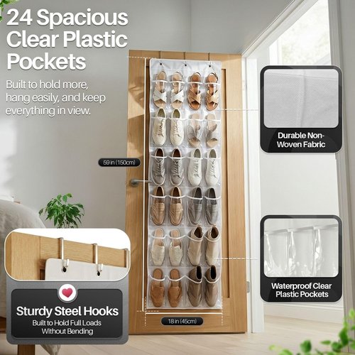 Flexzion Over The Door Shoe Organizer - 24 Clear Pocket Hanging Shoe Rack for Space-Saving Storage (White)