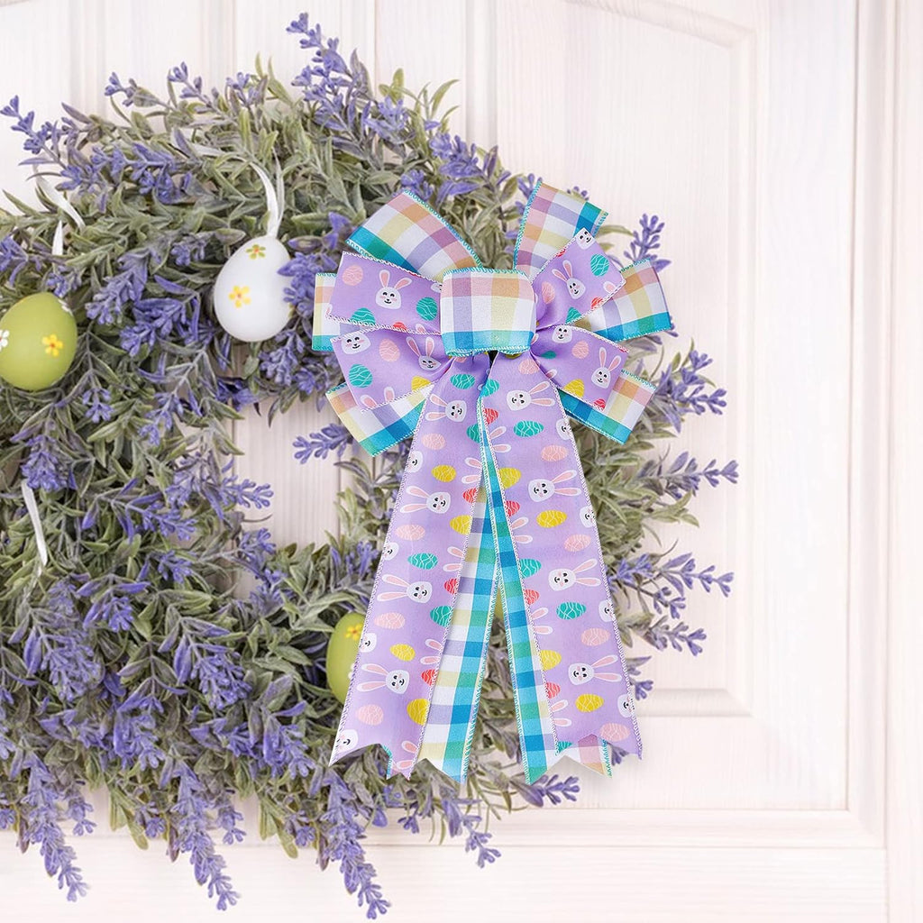 SIMISI Ribbon Easter Wreath Bow - Large Burlap Wired Bow with Bunny Eggs | Perfect for Door & Party Decor (11x17.7 Inch)