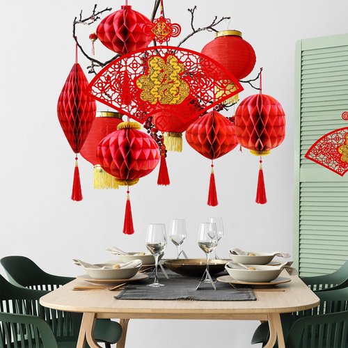 Winlyn Chinese Lunar New Year Party Decorations Good Luck Garlands Red Paper Lanterns with Tassels Lucky Fu Ornaments for Asian Vietnamese Chinese TET 2026 Year of the Horse Home Wedding Holiday Decor