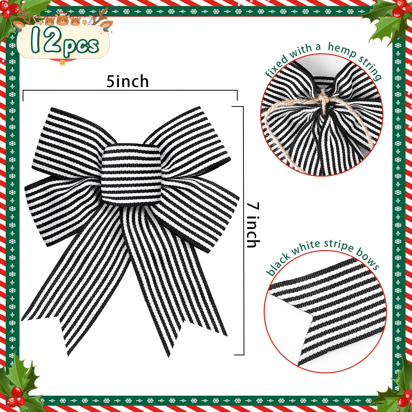 Tsorode 12 Pcs Christmas Bows for Tree,5 x 7 Inch Black and White Striped Christmas Tree Bows for Wreaths Gift Wrapping Garland, Xmas Decoration Holiday Party Decor Tree Ribbon Ornaments Crafts