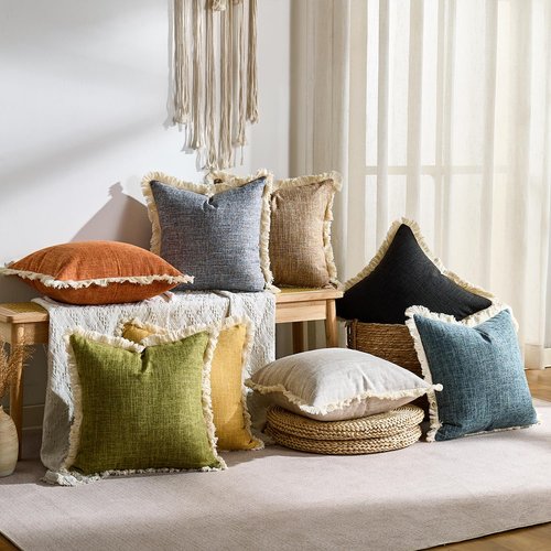 Mustard Yellow Faux Linen Decorative Throw Pillow Covers 18x18 Inch Set of 2 Boho Farmhouse Pillowcases with Tassels Rustic Woven Textured Burlap Cushion Cases for Sofa Bed Living Room Home Decor