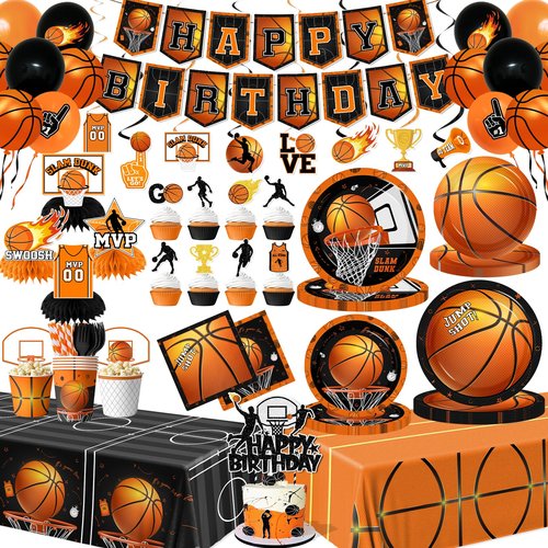 Basketball Party Decorations, 214Pcs Basketball Birthday Party Decorations Includes Plates,Napkins,Cups,Tablecloth,Banner,Hanging Swirls,Honeycomb,Balloons,Cake Topper for Sports Birthday Decorations