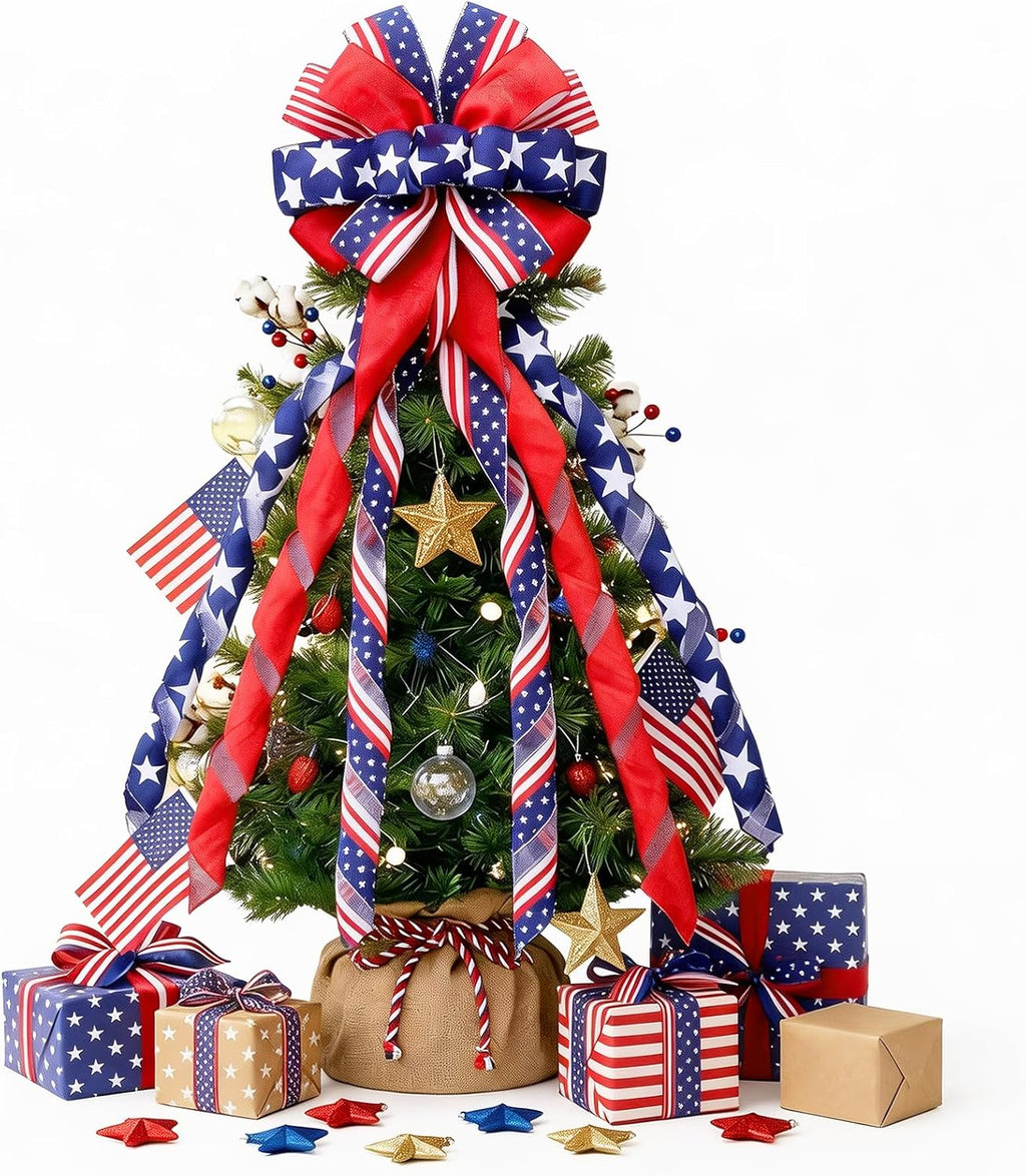Patriotic 4th of July Tree Topper Bow by [Brand Name] - Large 52x13 Inch Pre-Tied Ribbon for Wreaths & Decor | Red, Blue, White