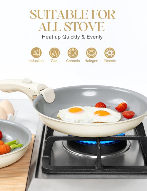 MICHELANGELO Ceramic Frying Pan Set, 8" 9.5" and 11" Fry Pans with Removable Handle, Nonstick Skillet Sets with Non Toxic Coating, PFOS & PFOA Free, Induction Compatible, Beige