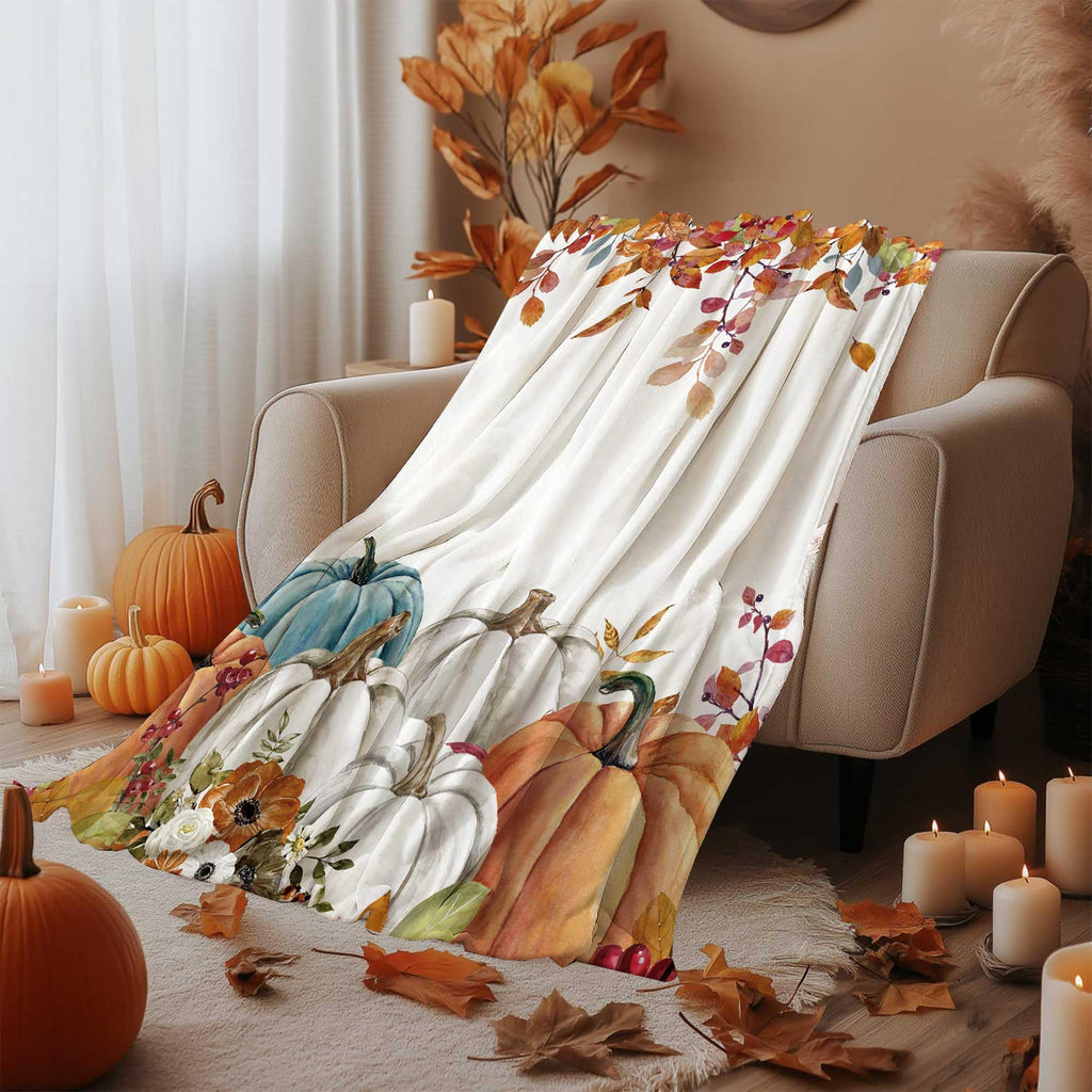 PAOPOED Fall Pumpkins Throw Blanket, Thanksgiving Autumn Maple Leaves Watercolor Blanket for Bed Sofa Travel and Camping, Super Soft Cozy Fluffy Plush Blanket for All Seasons, 50" x 60"