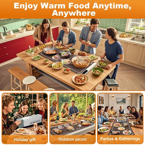 Warming Mat for Food Extra Large 35 Inch, Graphene Food Warming Mat,Heating Food Warmer 7MM Raised Feet,Electric Warming Tray Rollable & Portable,6 Level Temp & 6 Timer Setting, Brown(36.02" x 15.75")