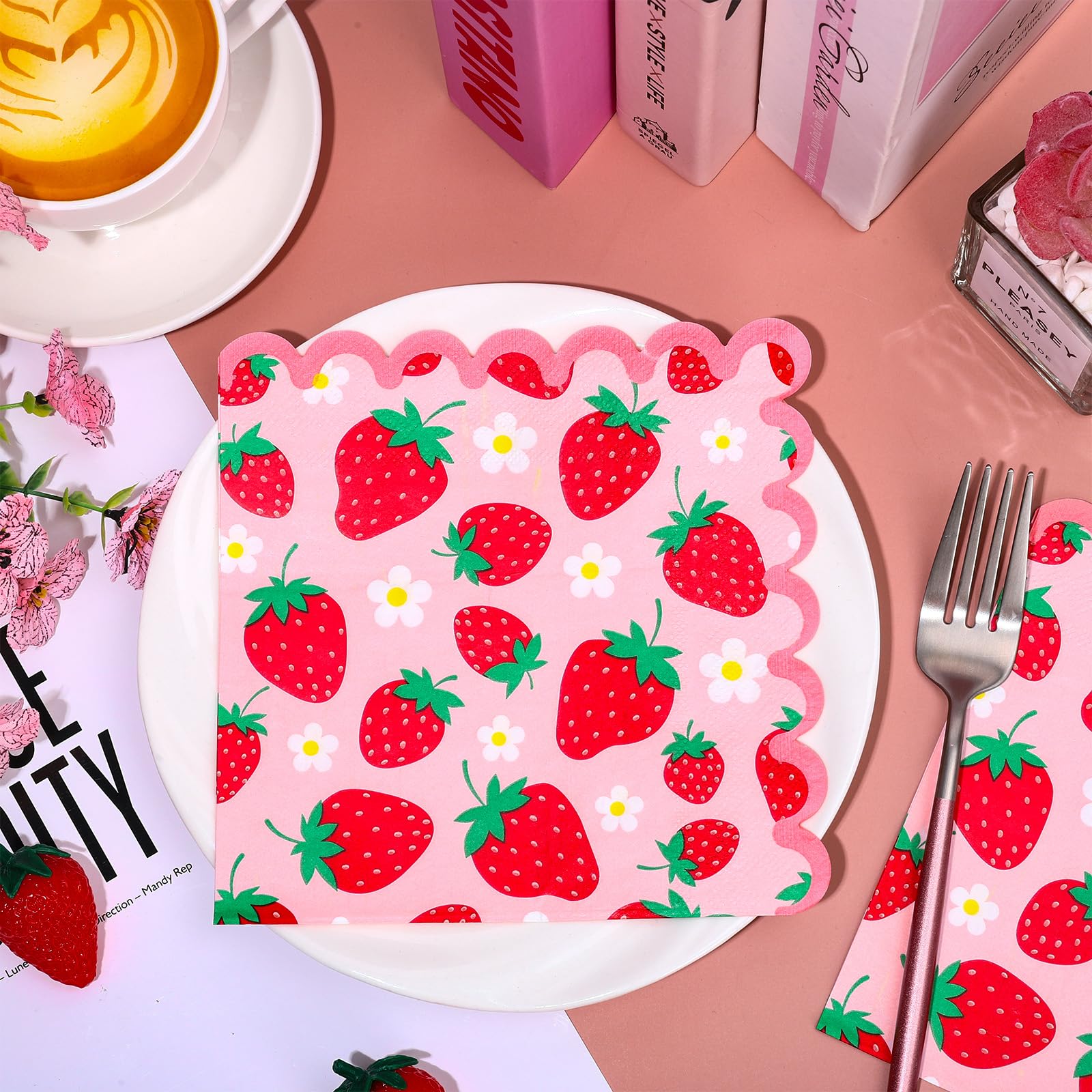 Whaline 50 Pcs Strawberry Scalloped Paper Napkins Pink Red Strawberry Flower Disposable Napkins Summer Fruit Luncheon Dinner Napkin for Birthday Party Table Supplies