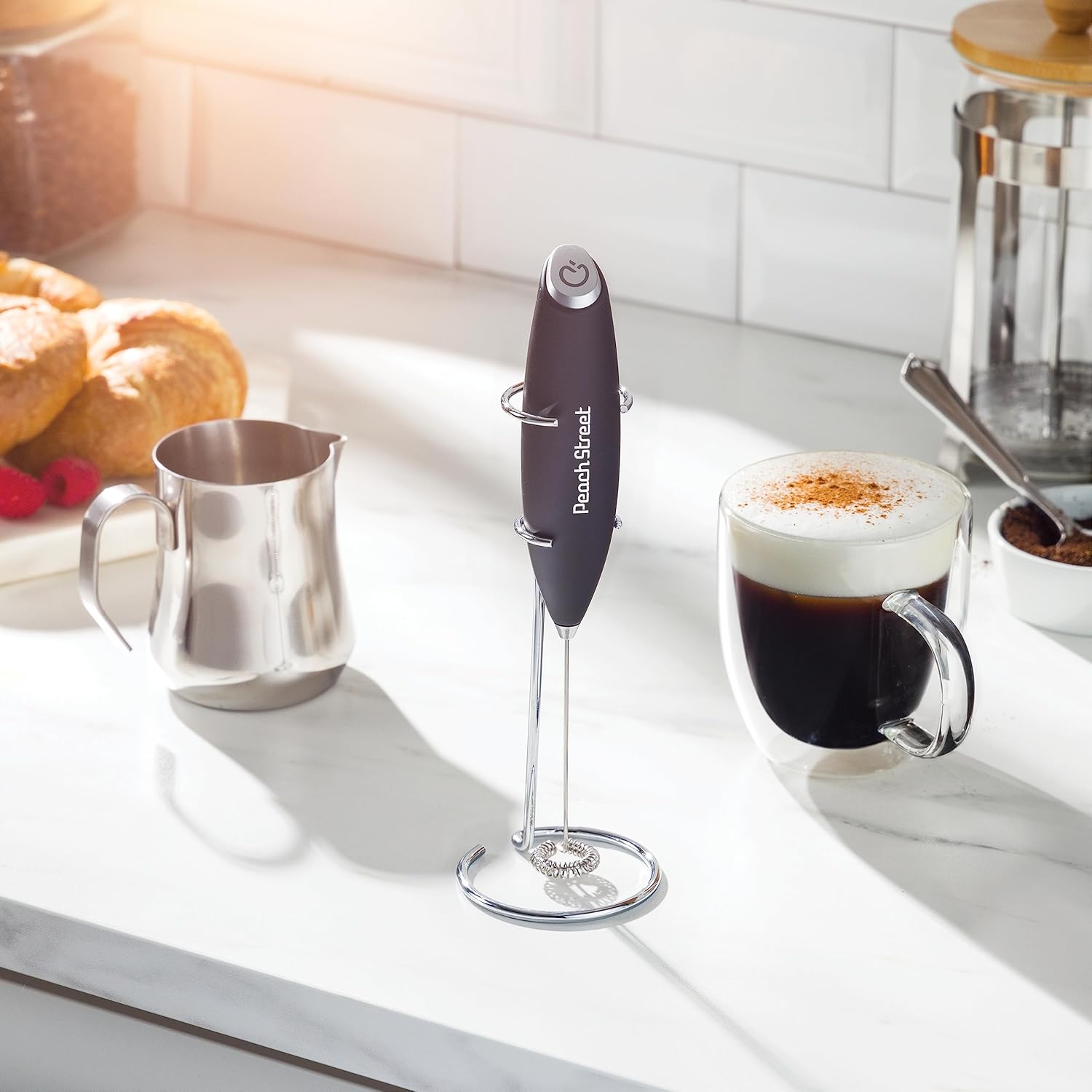 Powerful Handheld Milk Frother, Mini Milk Frother Wand, Battery Operated Stainless Steel Drink Mixer - Frother Stand for Milk Coffee, Lattes, Cappuccino, Frappe, Matcha, Hot Chocolate. Gift