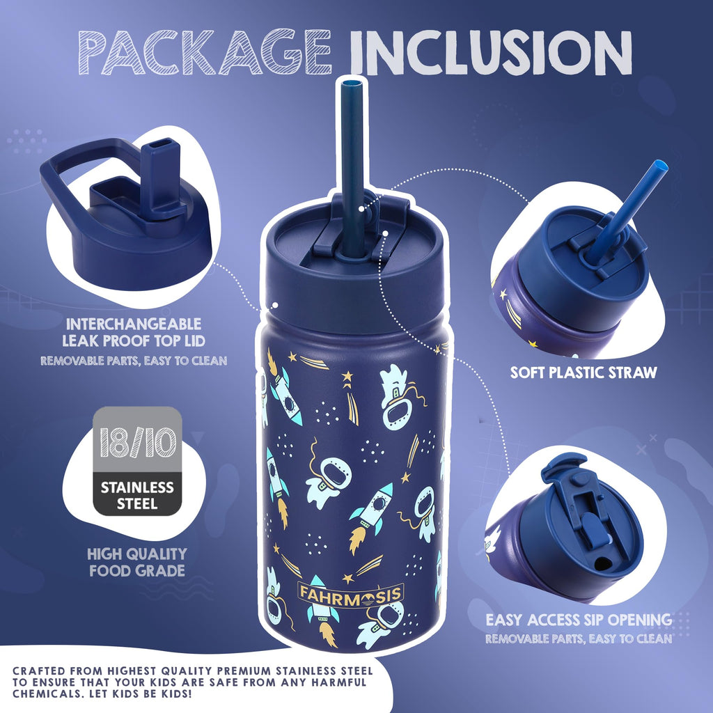 FAHRMOSIS 14 OZ Kids Water Bottle with Straw & 2 Lids (Flip & Spout) Leak Proof Metal Insulated Stainless Steel Reusable Tumbler for School & Sports Water Bottle - Purple (Halloween)