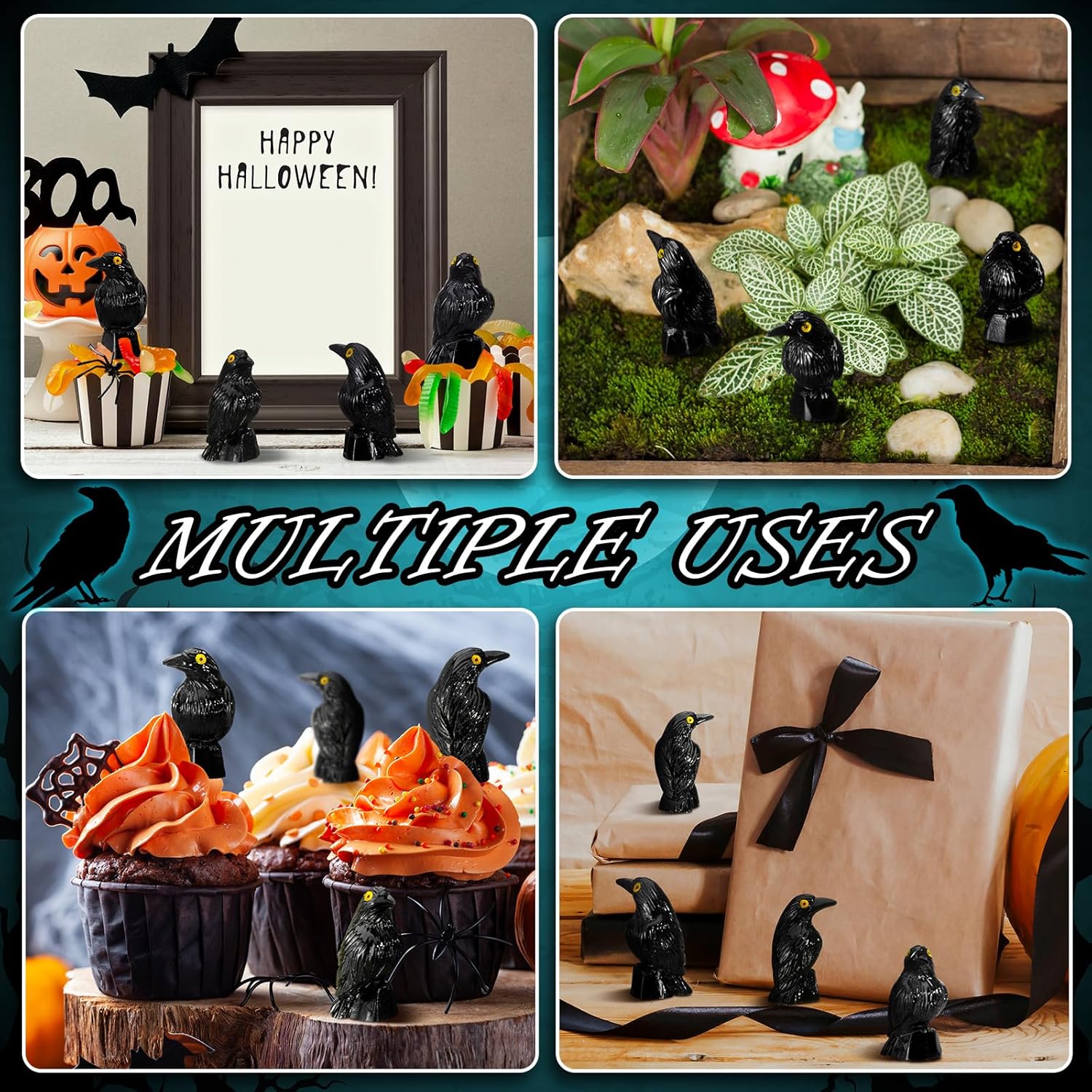 Skiennix Miniature Crows Decor - 50 Pcs Black Raven Resin Figurines for Spooky Holiday Scenes