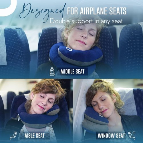 BCOZZY Travel Neck Pillow - Patented Double Support for Head, Neck & Chin | Adjustable Size, Navy