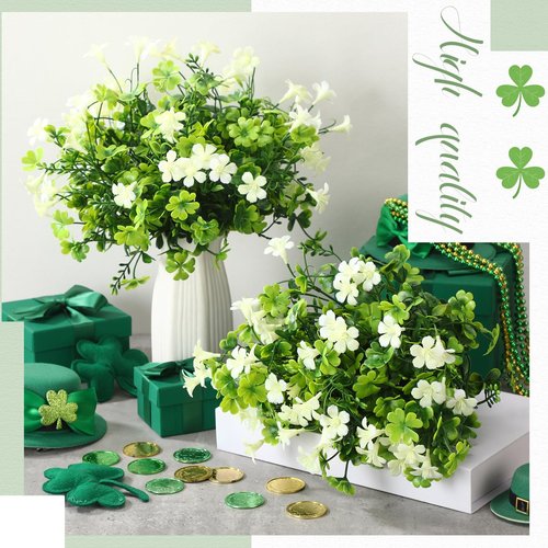 6 Bunch St Patricks Day Decoration Artificial Shamrock Plant for Faux Shamrock Pick Flower Stem Irish Clover Silk Floral Fake Green Leaf Realistic Flower Arrangement DIY Vase Home Table Decor(Elegant)