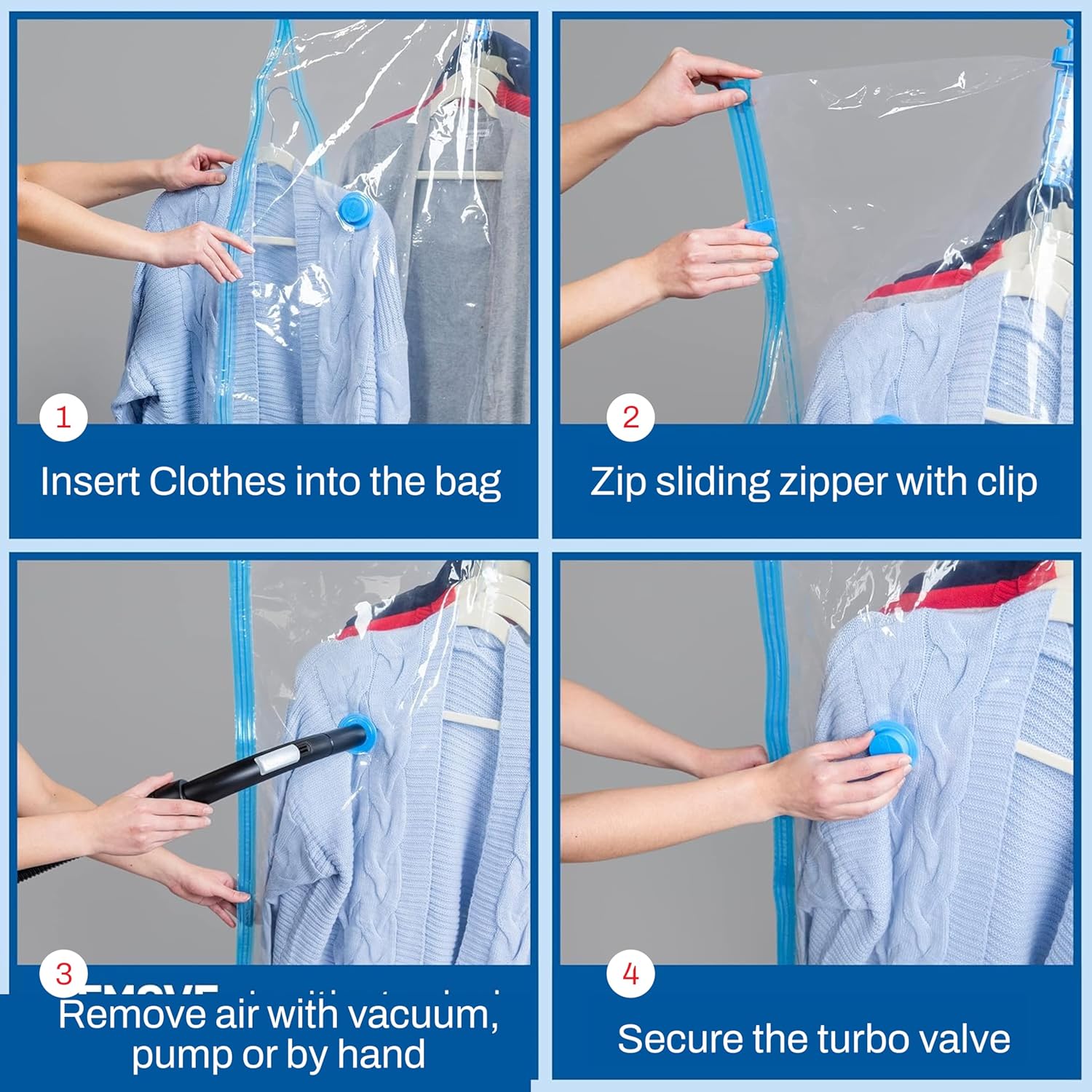 Skiennix Vacuum Storage Bags - 4 Pack Compression Bags for Clothes, Jackets & Suits | Space Saver with Hand Pump (2S & 2L)