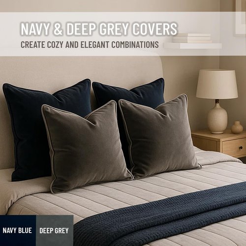 Blau Marité 2 Pack Velvet Decorative Throw Pillow Covers, 20"x20", Navy Blue and Grey, Solid, Modern, Contrast Piping, Indoor Use, Bedroom & Living Room