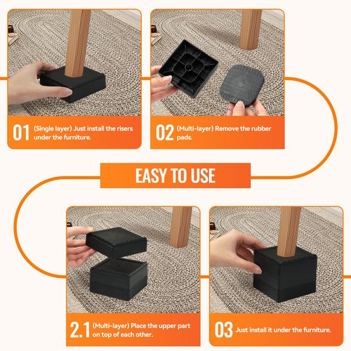Furniture Risers Heavy Duty Adjustable Bed Risers Blocks Lift 4, 3, 2 inches for Couch, Sofa, Table, Desk, Chair Legs, Refrigerator, Washing Machine Support up to 4000 pounds (Black 4 Pack, 2 inch)