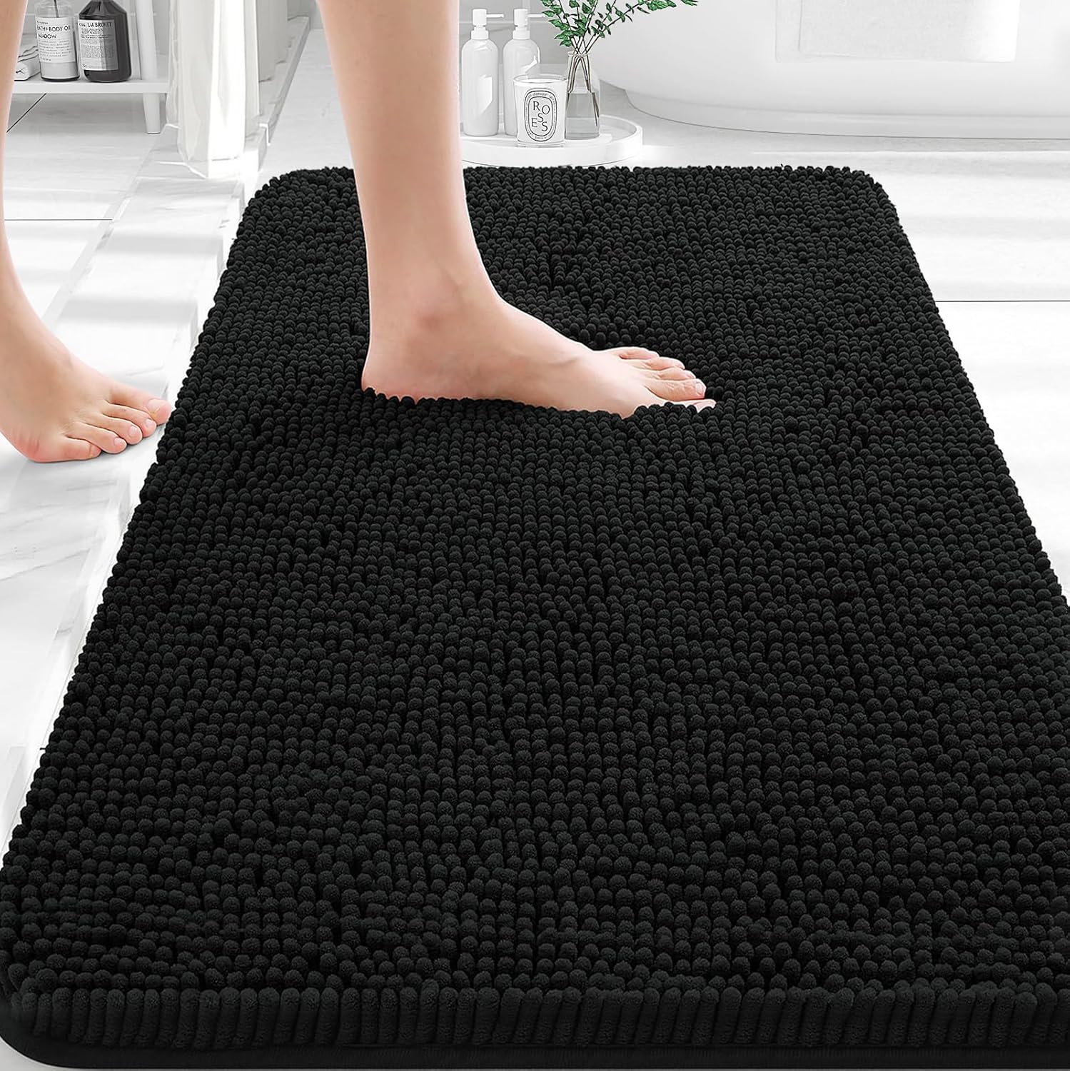 OLANLY Bathroom Rugs - Extra Soft Chenille Bath Mats | Quick Dry, Machine Washable, 30x18, Black