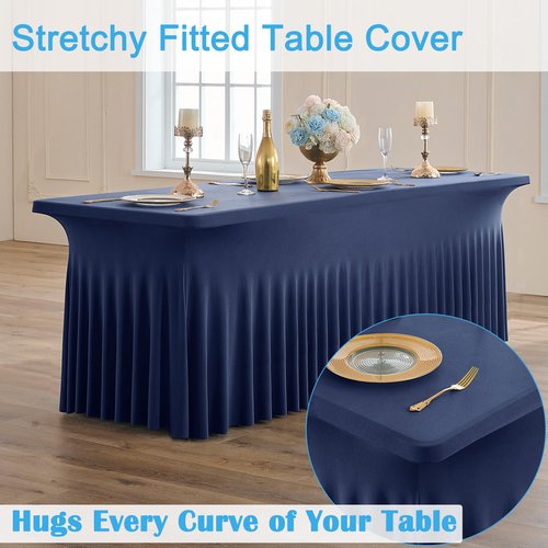 4pk Navy Blue Spandex Tablecloths 6ft for Rectangle Tables, Wrinkle Free Classy Table Skirt Stretchy Fitted Table Cloths Covers 6 Foot for Weddings Birthday Party Events Banquette Baby Shower