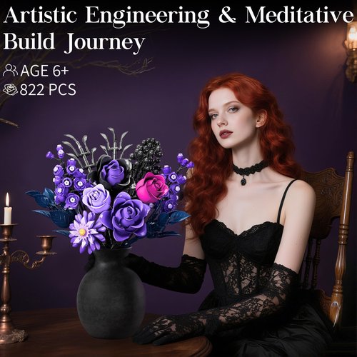 Advent Calendar 2025 for Adults Teens, 12 Purple Rose Flower Bouquet Building Blocks, 24 Days Surprise Christmas Countdown Calendar with 822 PCS Gothic Artificial Flowers Home Decor for Women Men Teen