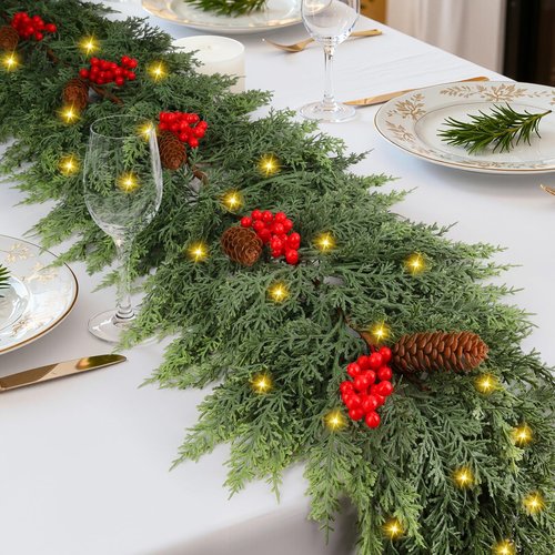 9FT Prelit Christmas Garland, Realistic Green Pine Garland with Lights Battery Operated for Mantle Stairs Railing Fireplace Table Indoor Xmas Decor