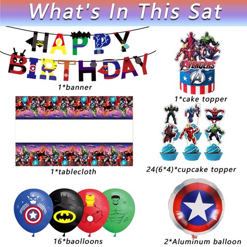 45PCS for superhero Birthday Party Supplies,Avengers Party Decorations Set Include Banner, Balloons, Cake Cupcake Toppers, Tablecloth for Girls Avengers Theme Party