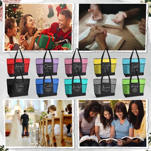 Paterr 10 Pcs Christian Tote Bags Bulk with Pocket Zipper for Women Bible Church Mothers Day Gifts(Colorful,Encouraged)