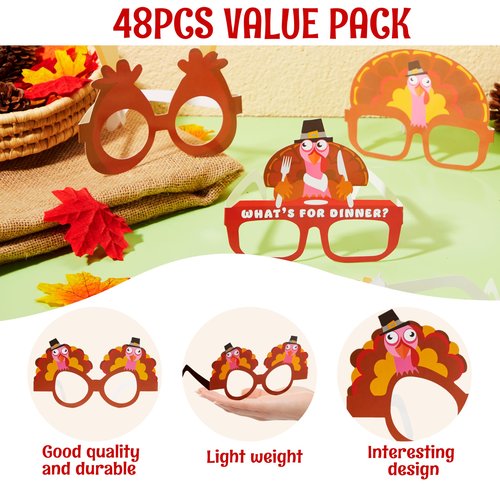 JOYIN 48 Pcs Thanksgiving Turkey Glasses, Turkey Eyewear Frame Pumpkin Maple Leaves Photo Props,Thanksgiving Eyeglasses for kids, Party Favors, Accessories(One Size Fits All)