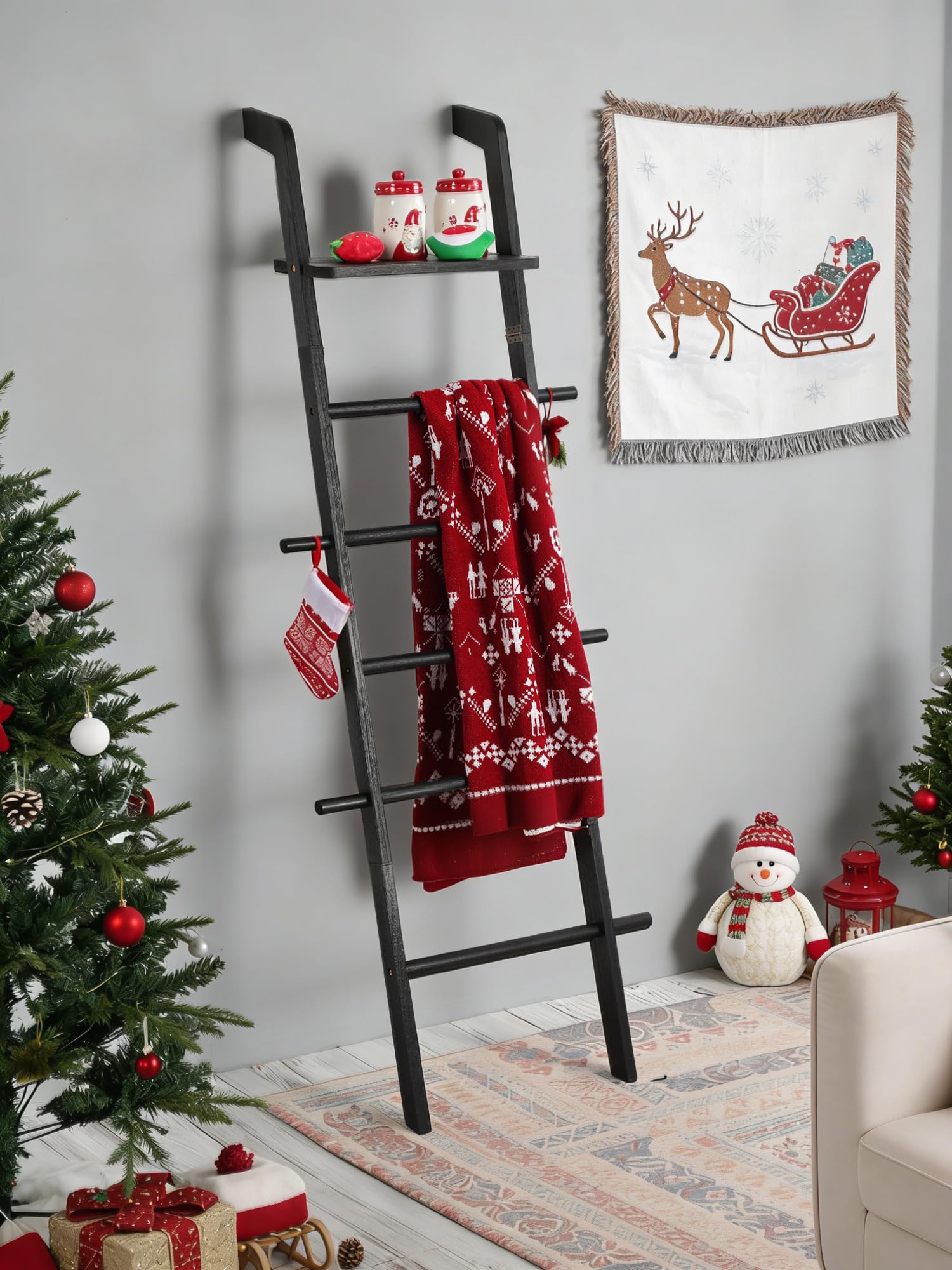 Taozun Minimalist Wood Blanket ladder - Boho Style Wall-leaning Display Towel Rack for Throw Quilt, Standing Ladder Shelf, Blanket Storage for Living Room, Bathroom