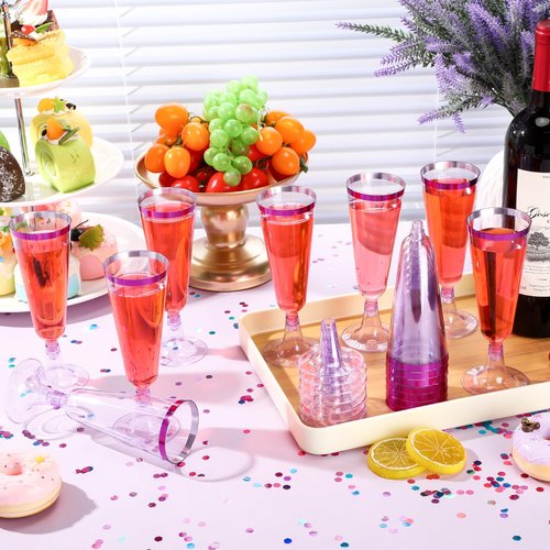 Dandat 100 Pcs Plastic Disposable Champagne Flutes 5 oz New Years Champagne Flutes with Rim Wine Glasses Mimosa Glasses for Quinceanera Birthday Party Supplies (Purple with Purple Rim)