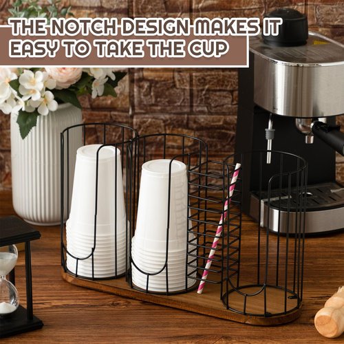 Geelin Coffee Cup Dispenser, Cup Holder Organizer for Storing Paper Cups, Straws, Lids and Disposable Tableware(4-Compartment Single Layer, Black and Brown)