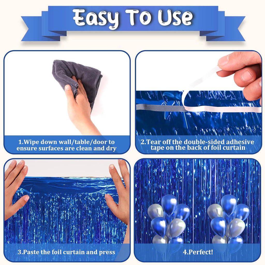 Voircoloria Blue Foil Fringe Backdrop Curtains - 3 Pack Tinsel Streamers for Parties & Events | 3.3x8.2 Feet