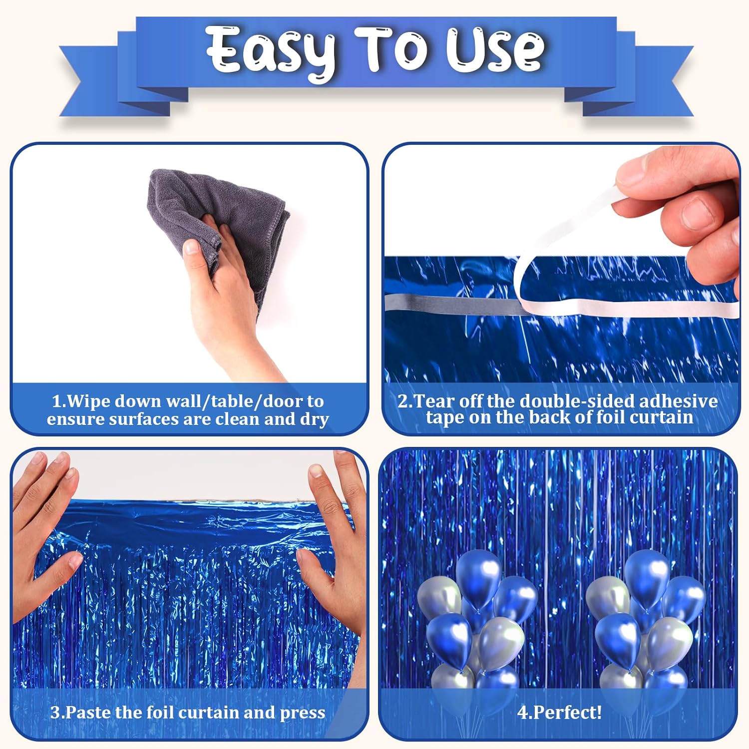 Voircoloria Blue Foil Fringe Backdrop Curtains - 3 Pack Tinsel Streamers for Parties & Events | 3.3x8.2 Feet