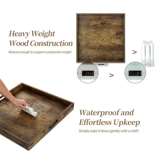 Hanobe Ottoman Tray for Living Room: Wood Serving Tray for Coffee Table - 20" Square Rustic Farmhouse Platter with Handles - Extra Oversized Decorative Topper for Kitchen Brown