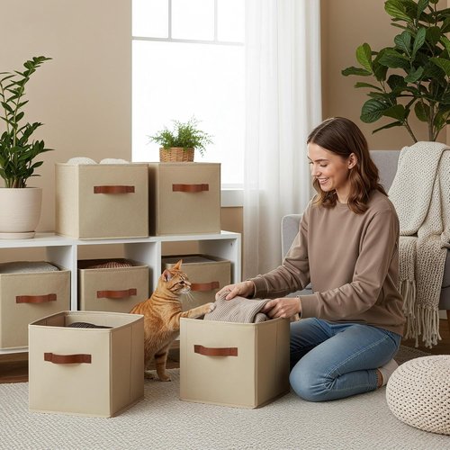GRANNY SAYS Cube Storage Bins - 11-Inch Foldable Organizer with PU Handle, Khaki | 6-Pack for Closet & Shelves