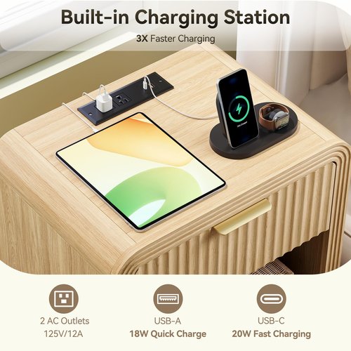 Decofy Fluted Nightstand with Charging Station, Modern Bedroom Furniture Side Table with Gold Handles, Drawers & Open Shelf, Curved Profile Design, End Table Wood Organizer for Bedroom, Natural Oak