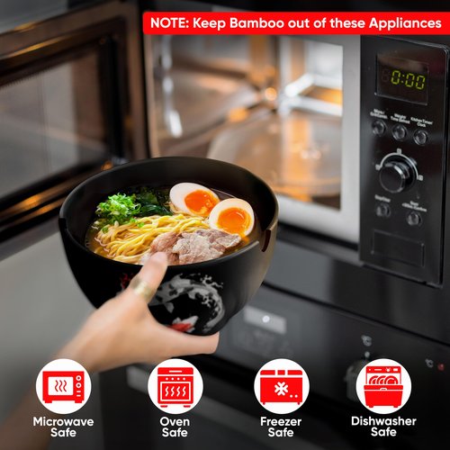 Japanese Ramen Bowl Set of 4-20 Pcs, 32 Oz Ceramic Microwaveable & Dishwasher Safe Large Noodle Bowls with Lid & Built-In Chopstick Holder, Pho, Udon, Thai, Korean, Rice - 6.5 Inch