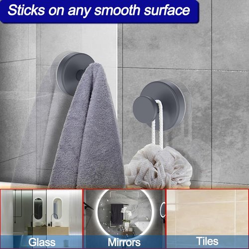 Bntuk Suction Cup Hooks - Removable Towel & Bath Robe Holders for Shower | 4 Pack, Grey