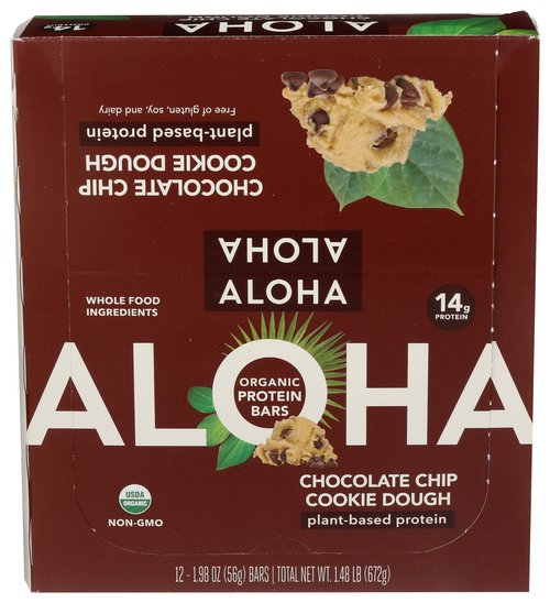 Aloha Organic Chocolate Chip Cookie Dough Protein Bars, 14g Plant-Based Protein, USDA Certified Organic, Gluten Free & Non-GMO, 1.9 Oz (Pack of 12)
