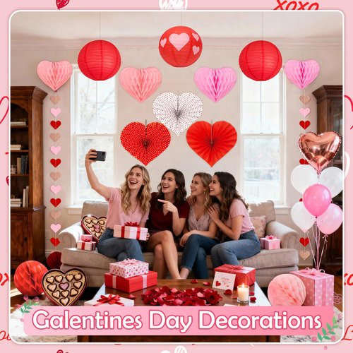 Hanging Valentines Decorations for Ceiling - 17 Pcs Valentines Day Hanging Decor with Honeycomb Hearts, Paper Fans & Lanterns - Vibrant Valentine Day Decorations for Office , Home & Classroom