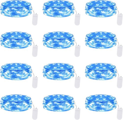 Lakumu 12-Pack Battery Operated Fairy Lights | 7FT Waterproof Silver Wire LED String Lights for Mason Jars & Party Decor - Blue