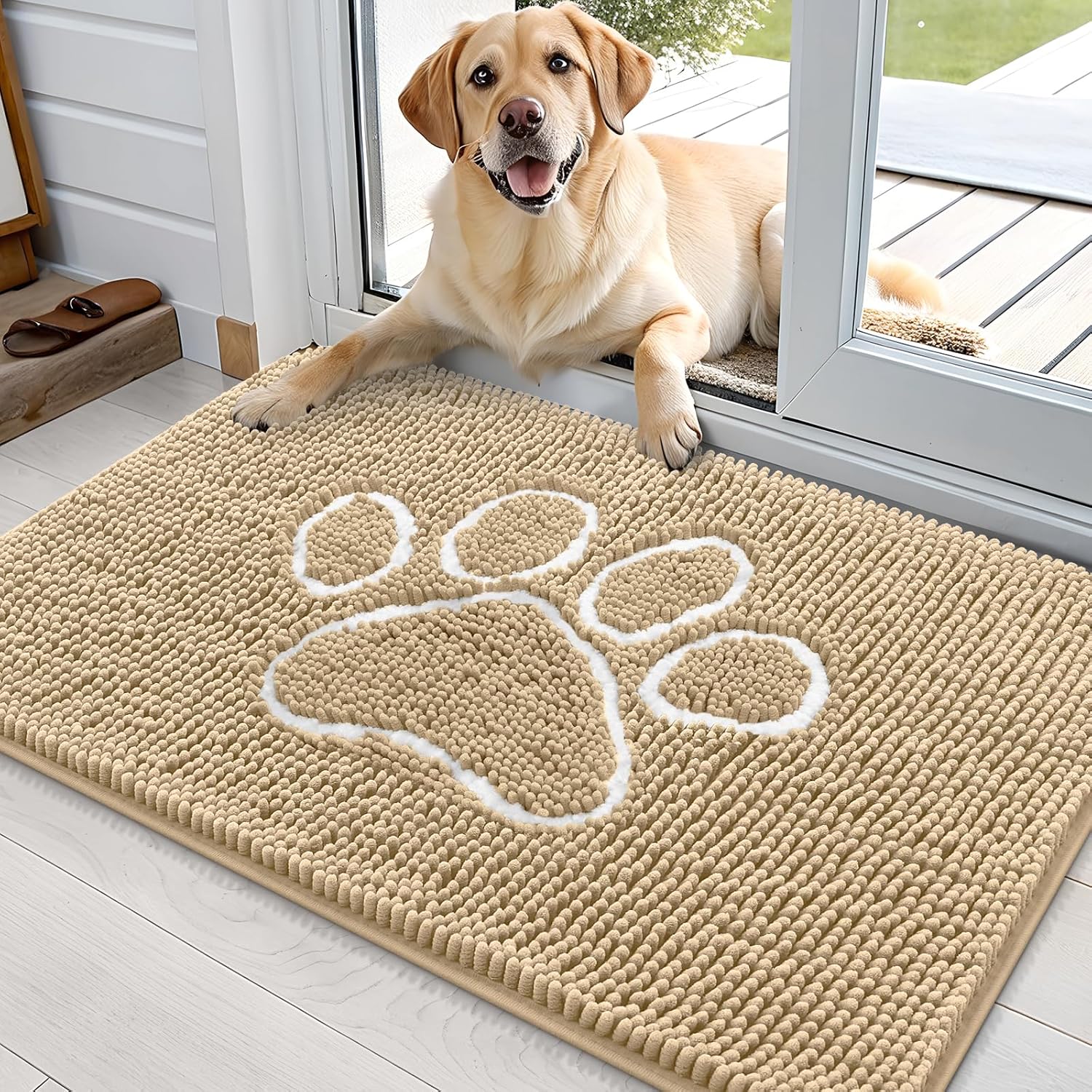 OLANLY Dog Door Mat - Absorbent Non-Slip Mud Mat for Paws | Quick Dry Chenille, 35x24, Beige