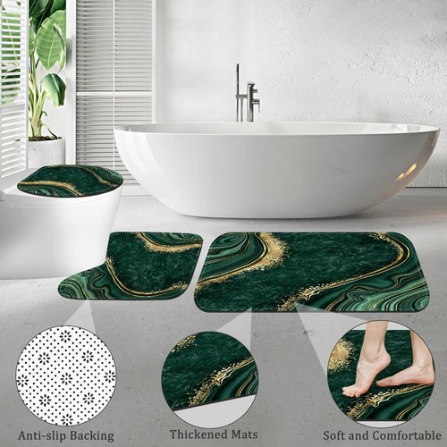 BayNook 4PCS Emerald Green Gold Marble Shower Curtain Sets with Rugs, Abstract Bathroom Sets with Shower Curtain and Rugs, Bathroom Curtains Shower Set with Toilet Lid Cover for Bathroom Decor