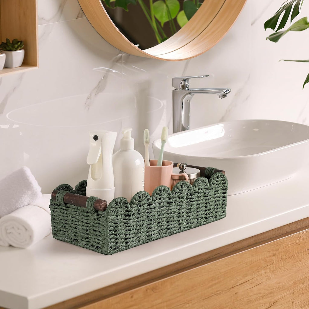 Skiennix Toilet Paper Storage Basket - Stylish Wicker Organizer for Bathroom & Kitchen - Green