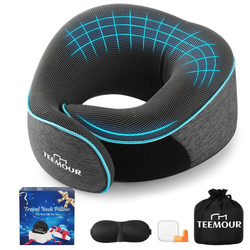 Travel Neck Pillow for Airplane -Memory Foam Travel Pillow for Long Flights/Car Sleep 360° Support Airplane Pillow, With Eye Mask & Earplugs, Portable Carry Bag | Airplane Accessories Washable Cover
